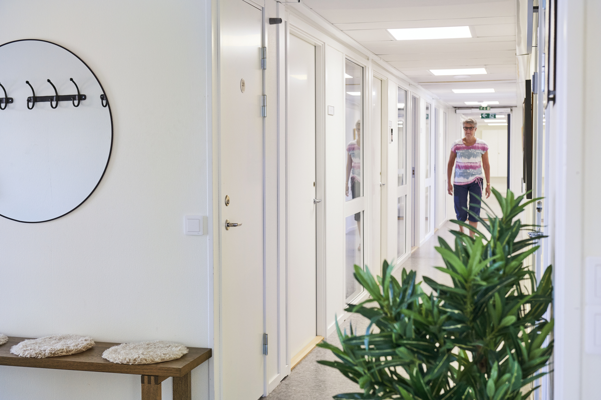 Ljus korridor i kontorsmoduler från Expandia med flera kontorsrum längs ena sidan. En person går genom korridoren, som är inredd med växter, sittbänk och förvaring. Bilden är tagen i kontorsmoduler vid Alviks trafik i Luleå.