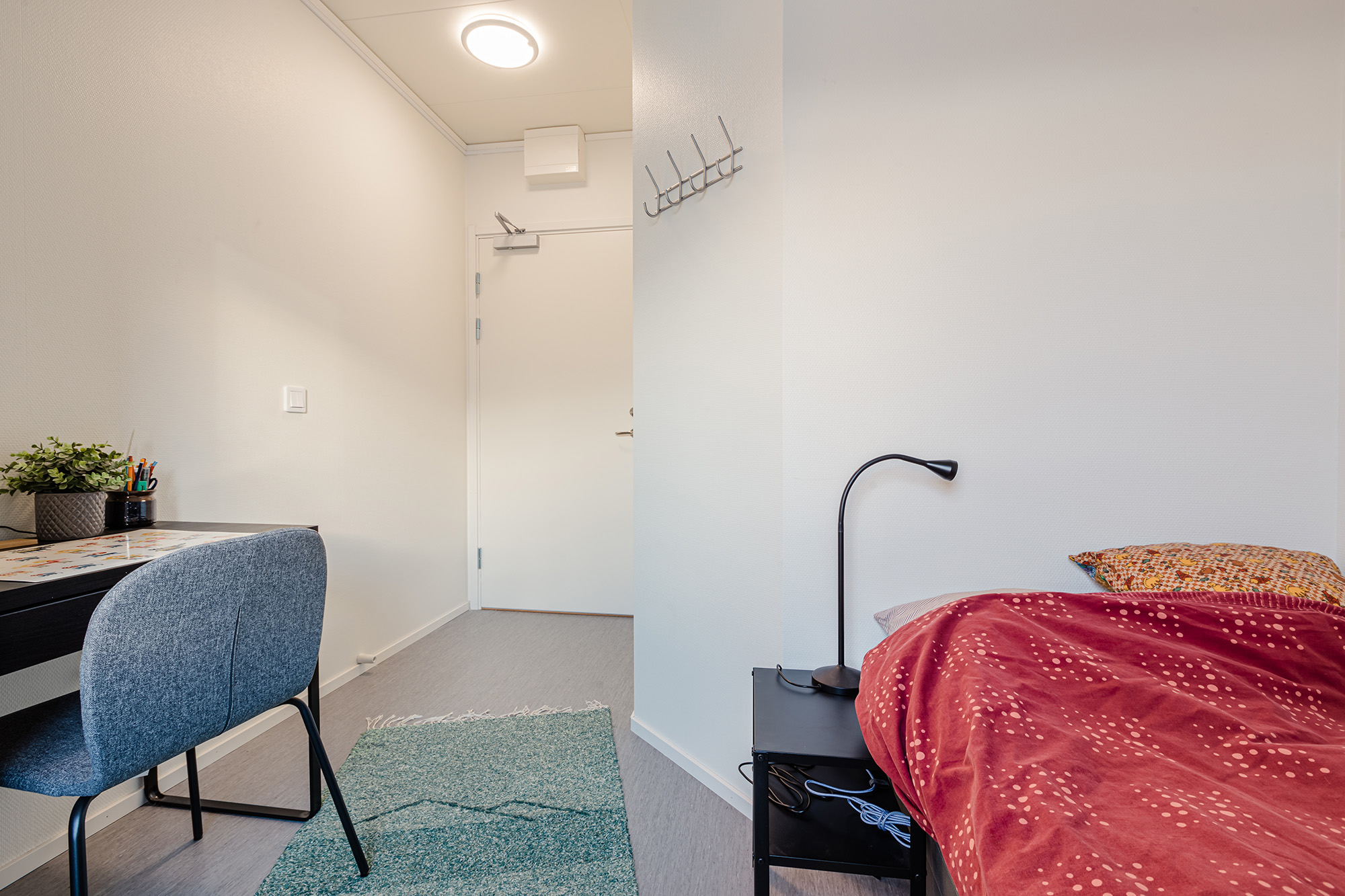Elevrum i korridorsboende med säng, skrivbord och förvaring